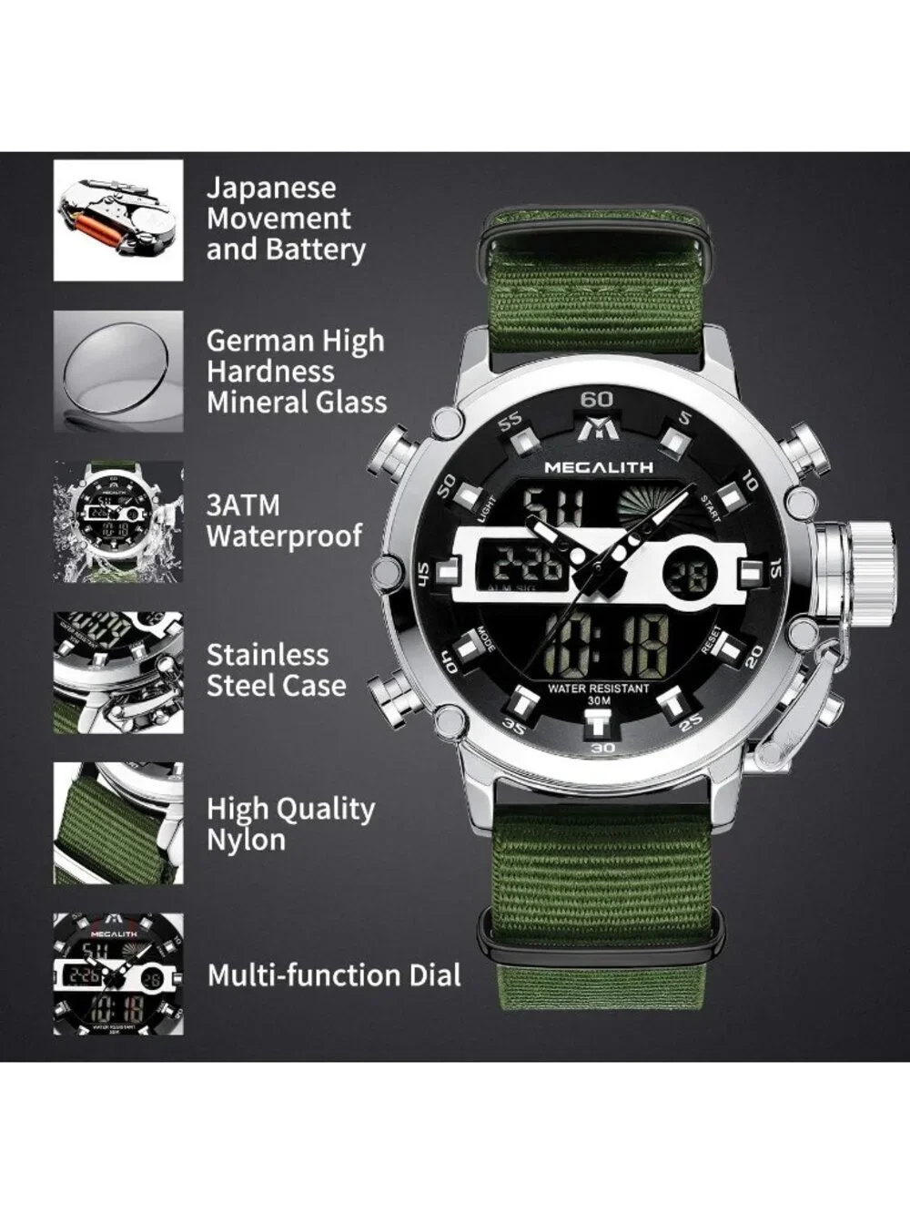 Mens Green And Silver Analog Nylon Strap Waterproof Multifunction Digital Watch